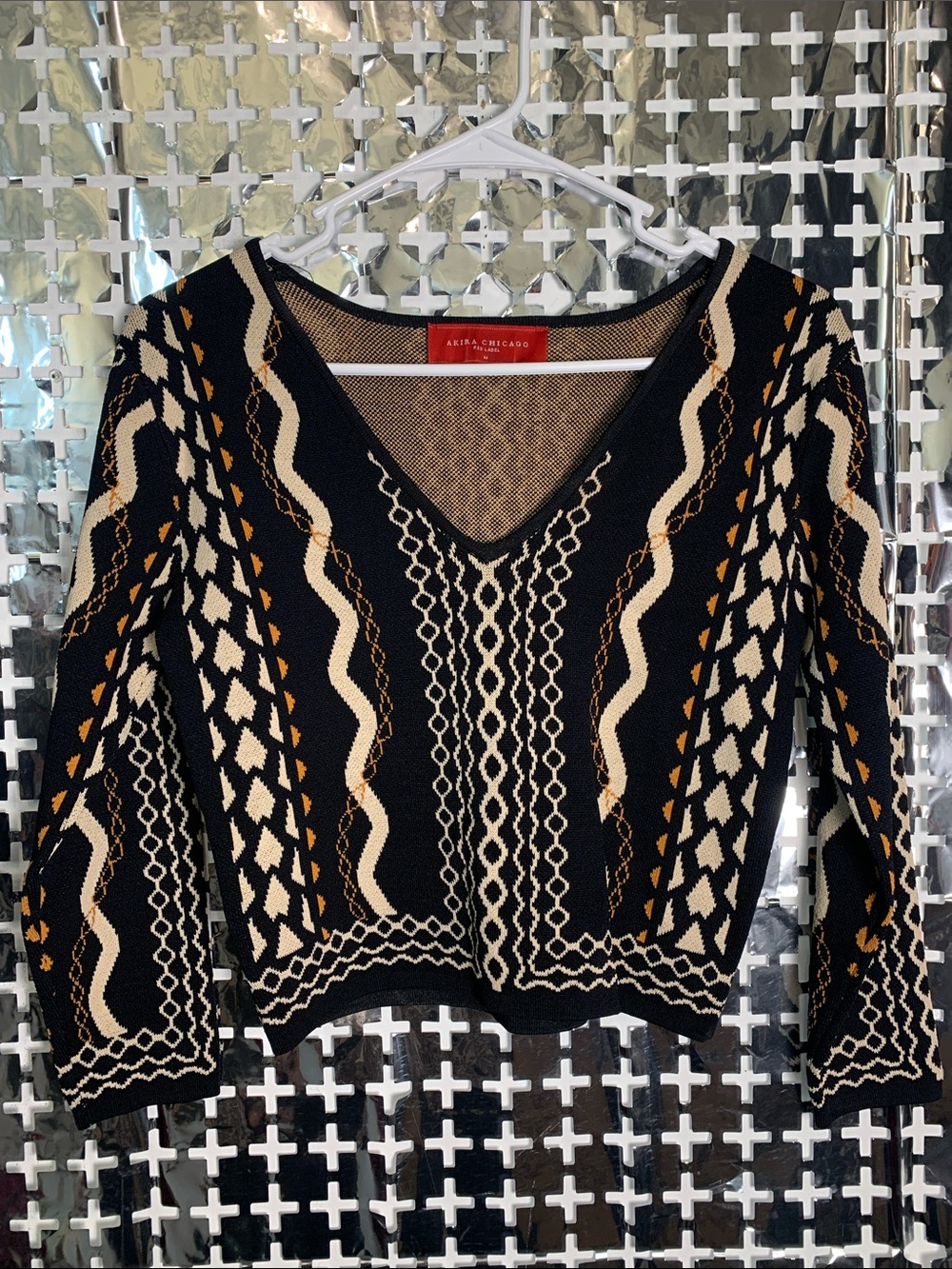 AKIRA Black, Cream & Tan V-Neck Patterned Knit Sweater